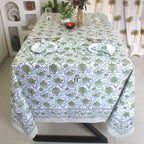 Sage Green Floral Tablecloth: Hand-Block Printed Cotton, Rustic Farmhouse Style