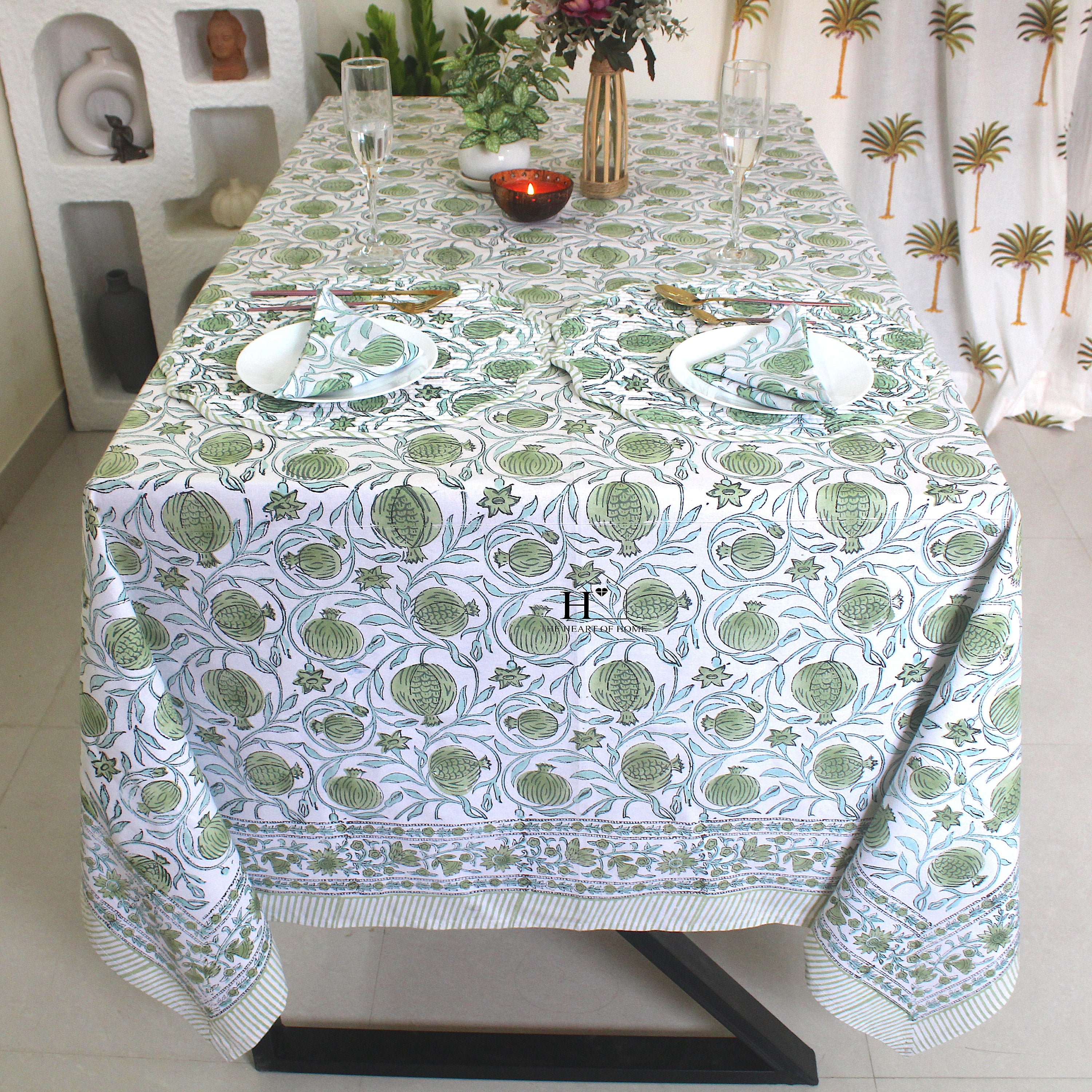 Sage Green Floral Tablecloth: Hand-Block Printed Cotton, Rustic Farmhouse Style
