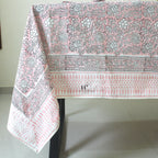 Pink Floral Block Print Cotton Tablecloth - Farmhouse Dining Cover