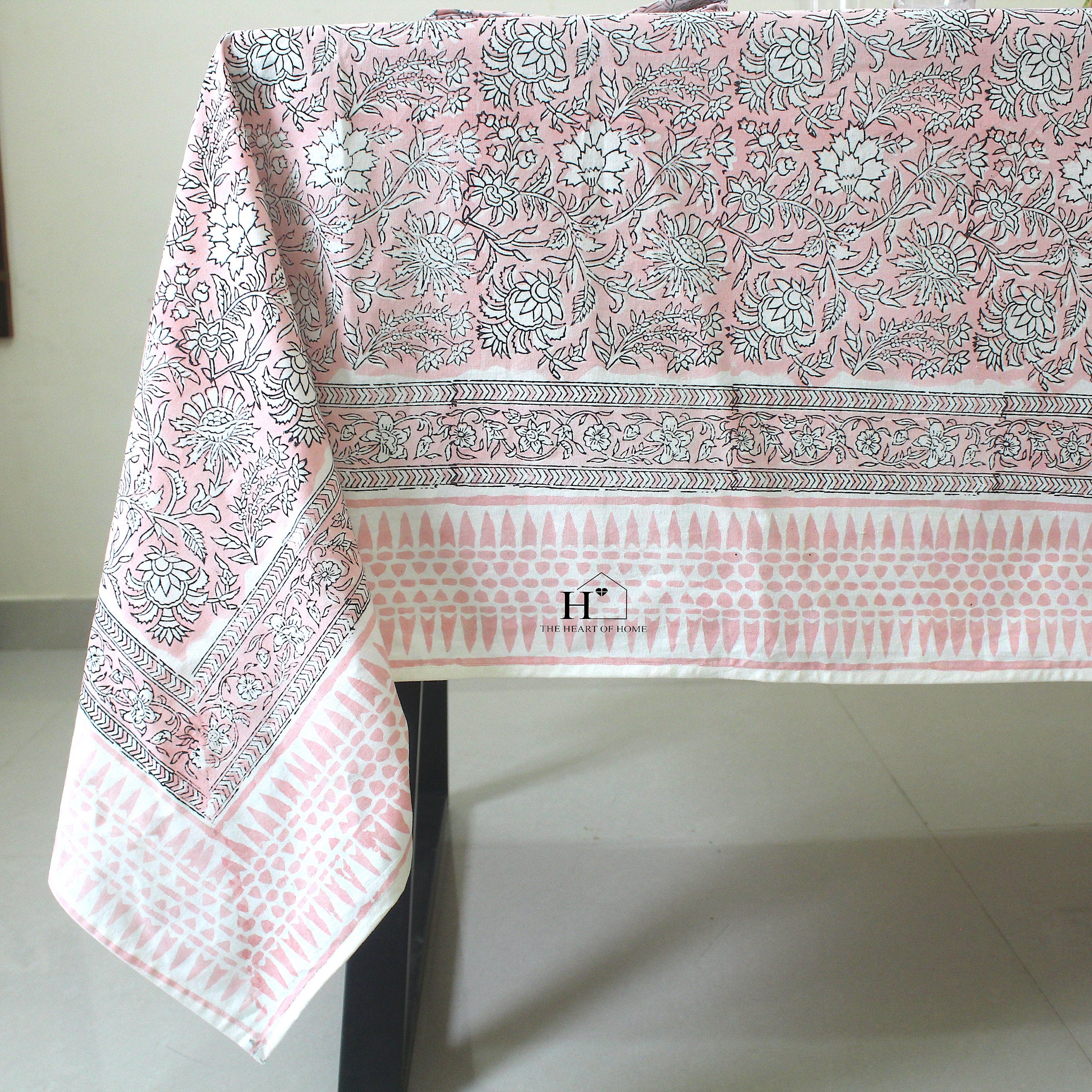 Pink Floral Block Print Cotton Tablecloth - Farmhouse Dining Cover