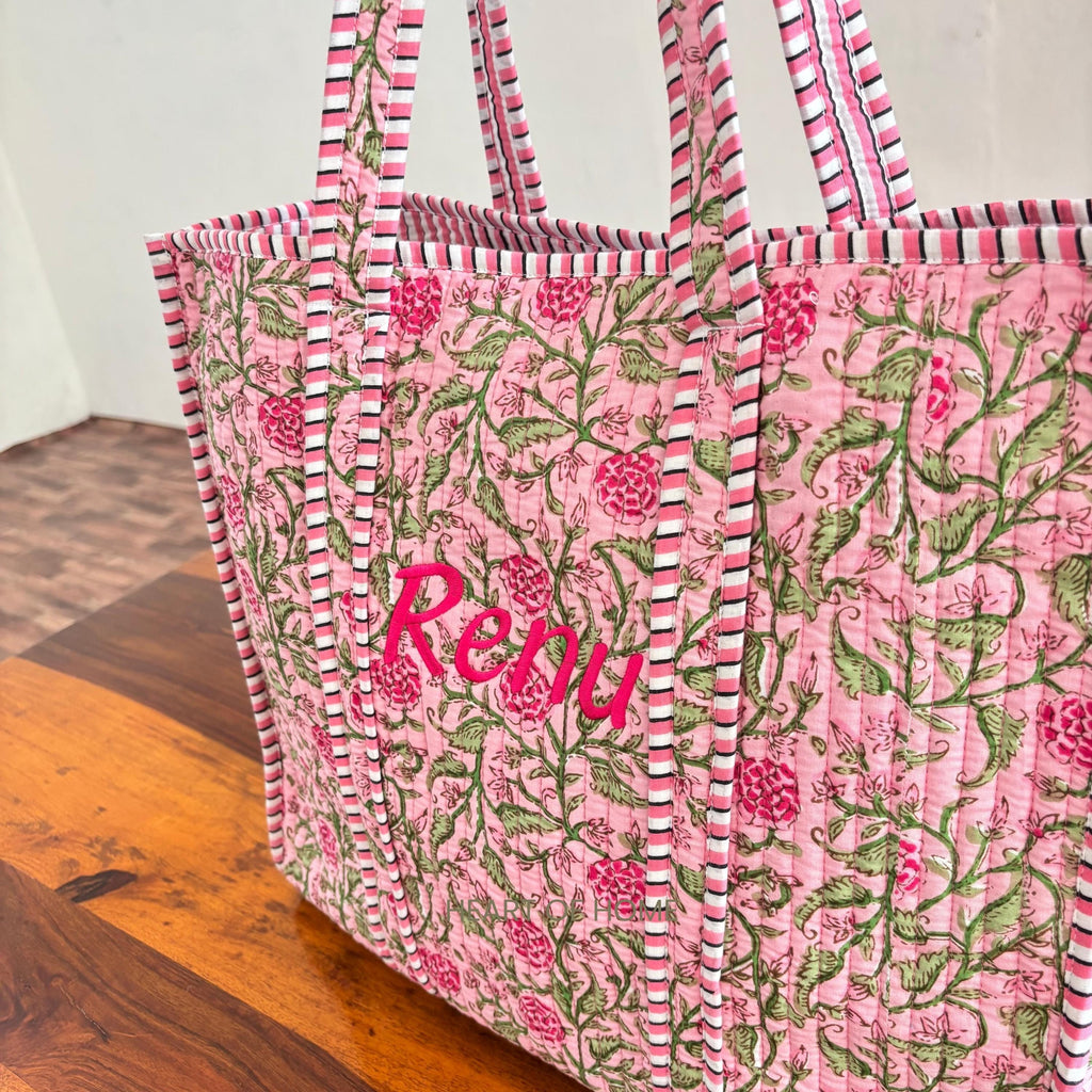 Custom Embroidered Rose Floral Tote Bag: Hand Block Printed Gift