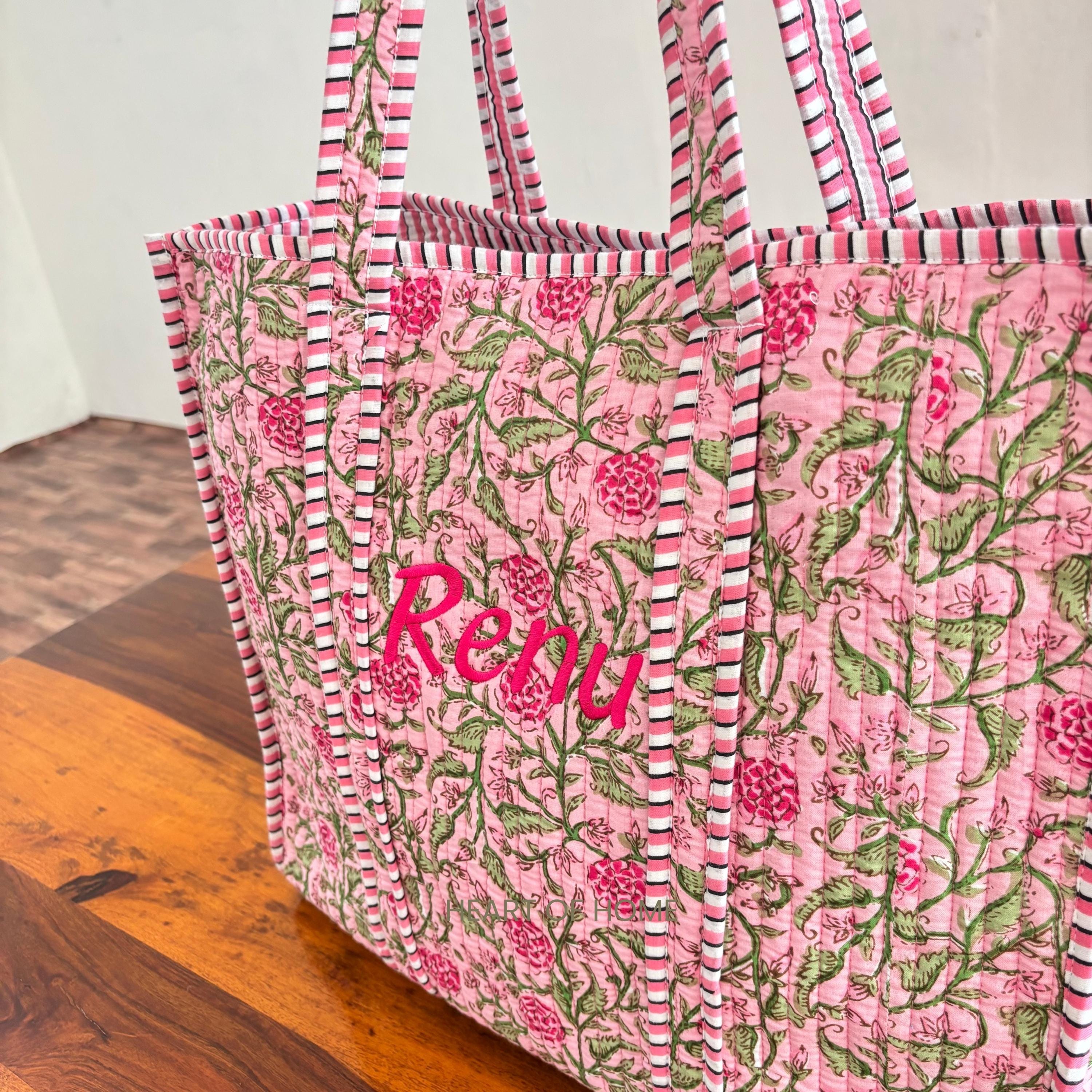 Custom Embroidered Rose Floral Tote Bag: Hand Block Printed Gift