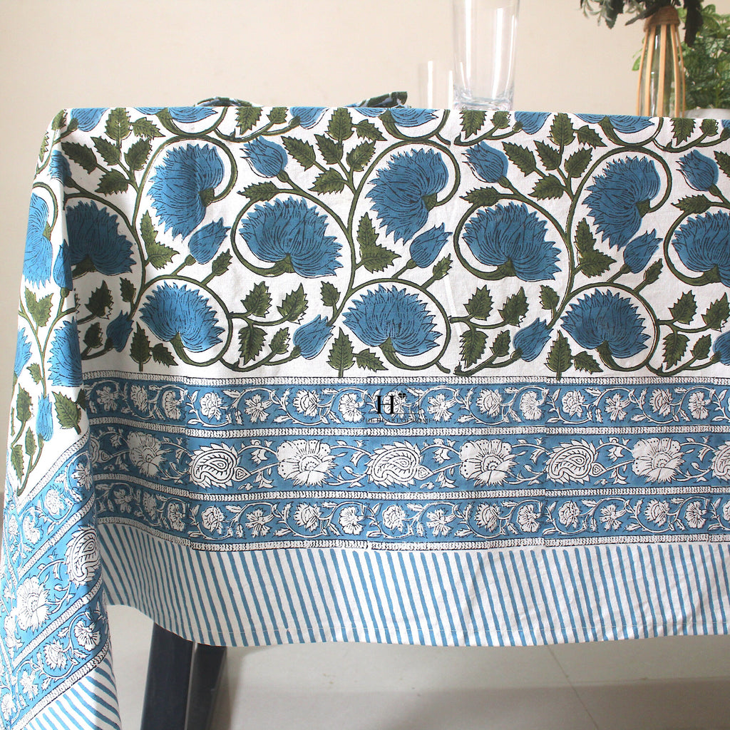 Blue Floral Block Print Cotton Tablecloth: Rustic Farmhouse Dining