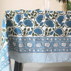 Blue Floral Block Print Cotton Tablecloth: Rustic Farmhouse Dining