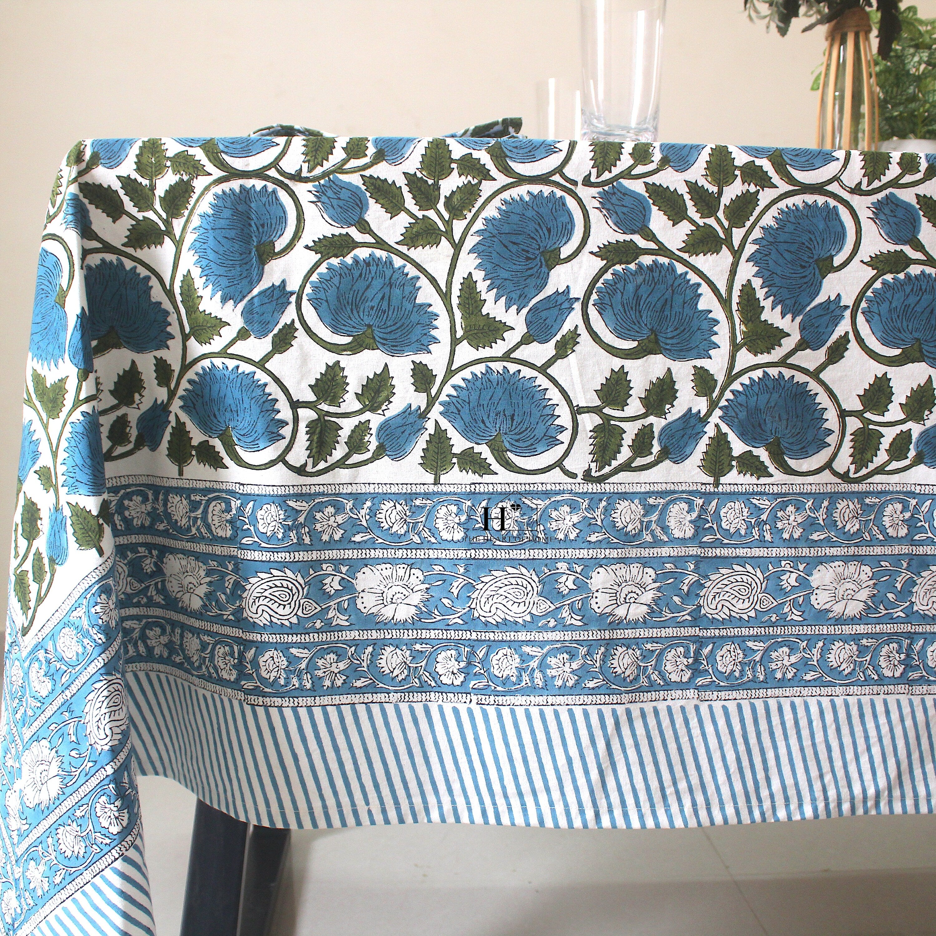 Blue Floral Block Print Cotton Tablecloth: Rustic Farmhouse Dining