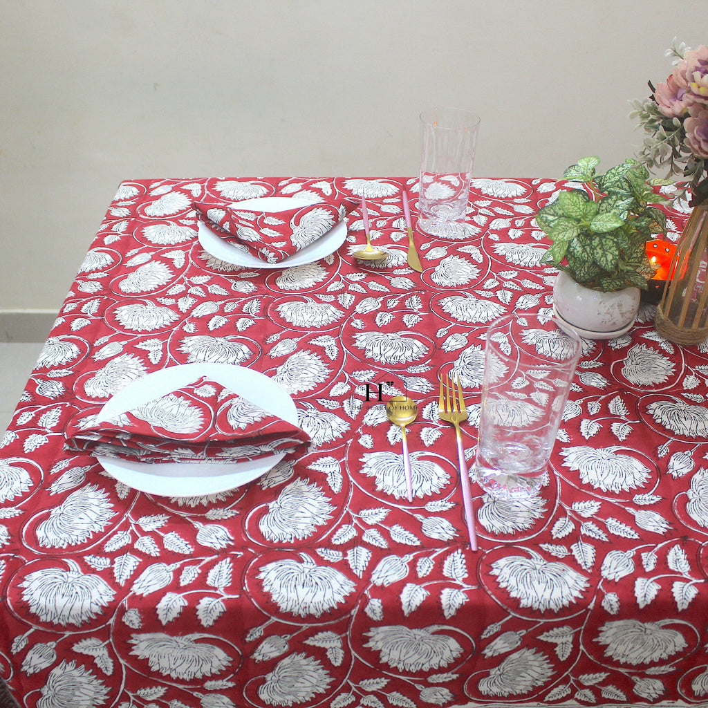 Red Floral Block Print Cotton Tablecloth - Farmhouse Kitchen Decor