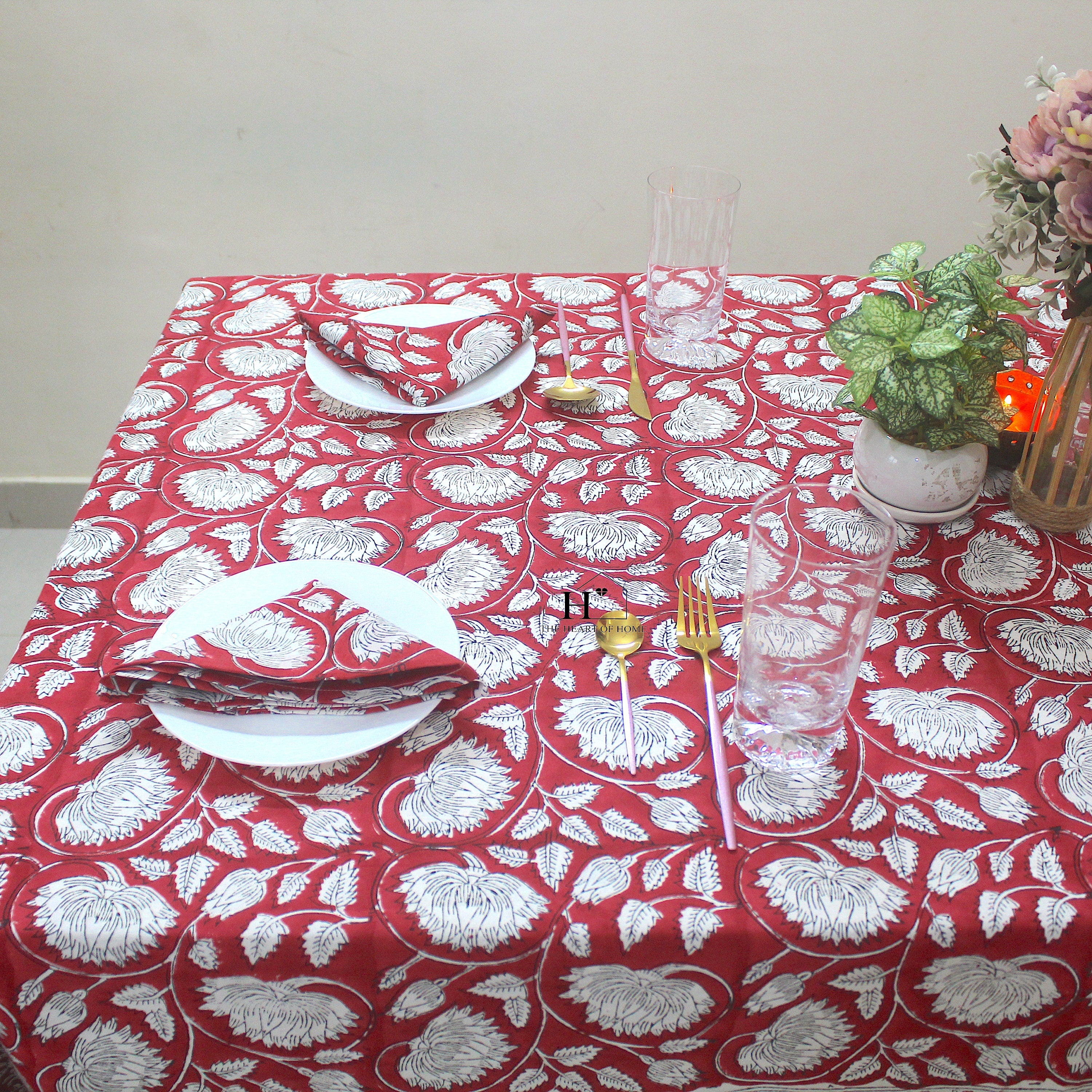Red Floral Block Print Cotton Tablecloth - Farmhouse Kitchen Decor
