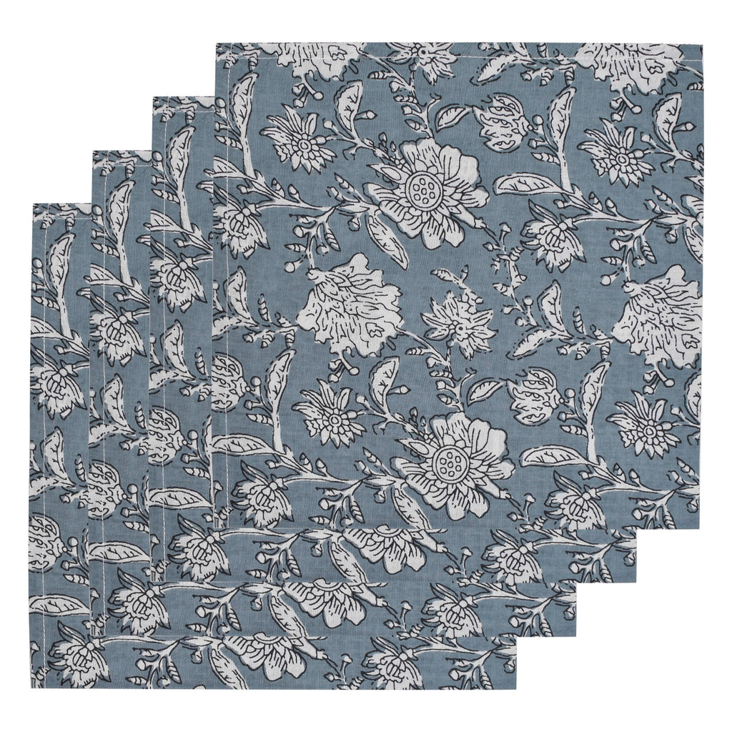 Hand Block Printed Floral Cotton Napkins: Stone Blue Elegant Dining Decor