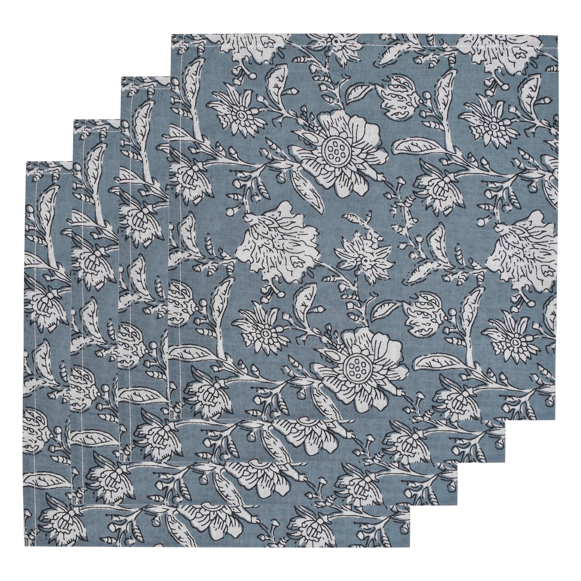 Hand Block Printed Floral Cotton Napkins: Stone Blue Elegant Dining Decor