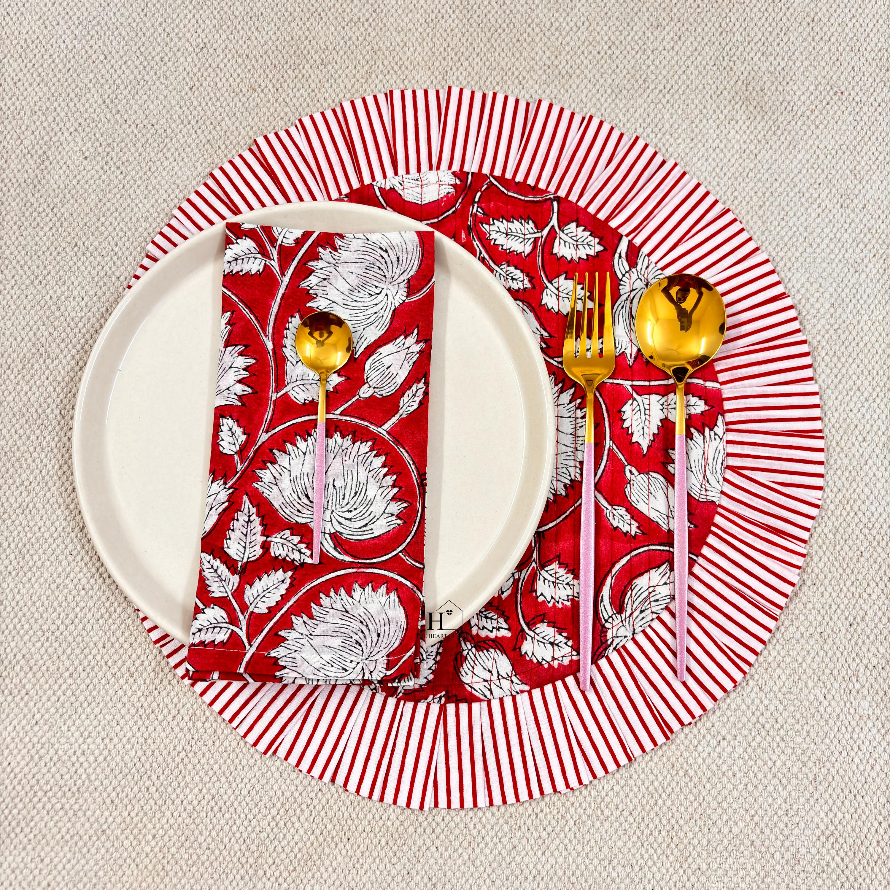 Red Floral Quilted Placemat & Napkin Set: 100% Cotton, Handmade