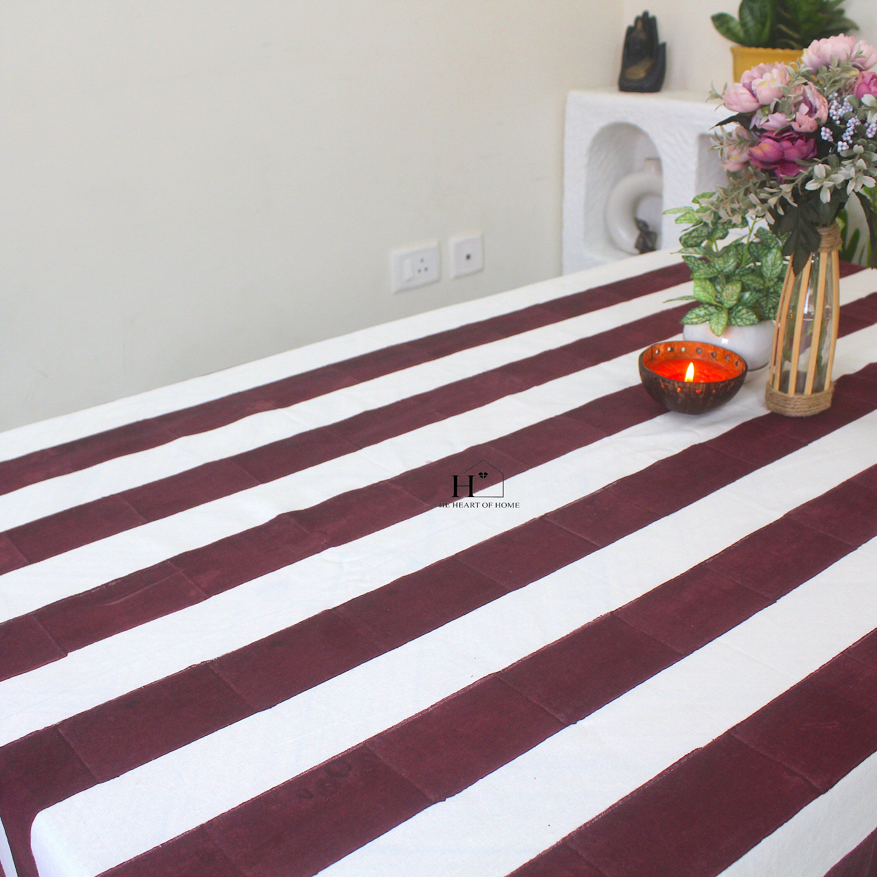 Hand-Block Congo Brown Striped Cotton Tablecloth - Waterproof Rustic Dining