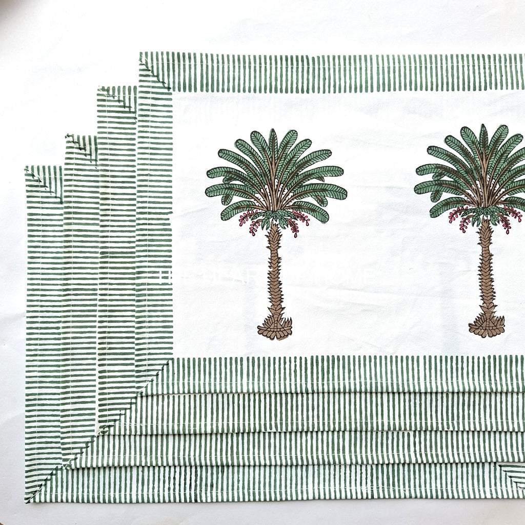 Hand Block Printed Cotton Placemat & Napkin Set: Jaipur Palm Tree Design