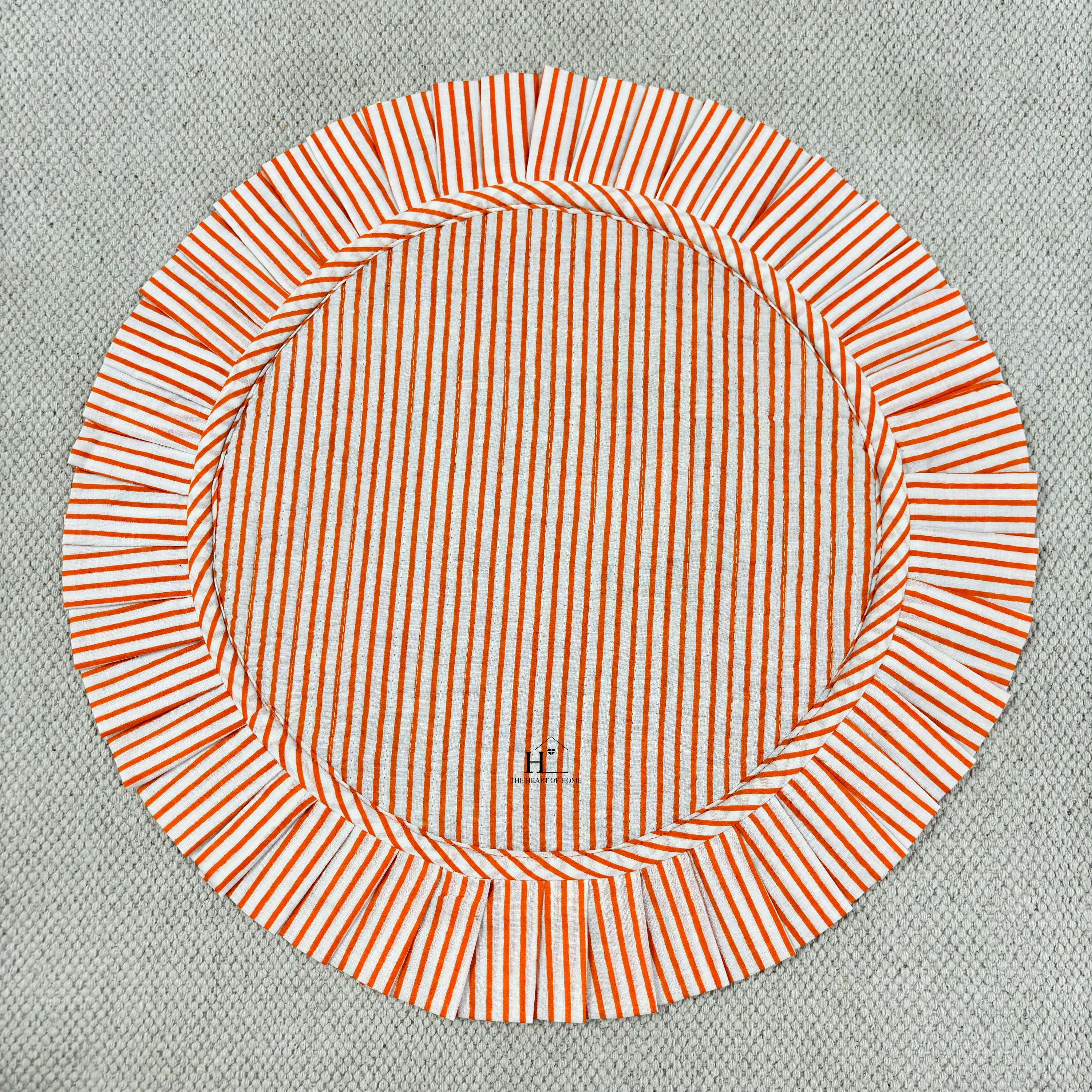 Handcrafted Orange Floral Quilted Placemat & Napkin Set: Indian Artisan Decor