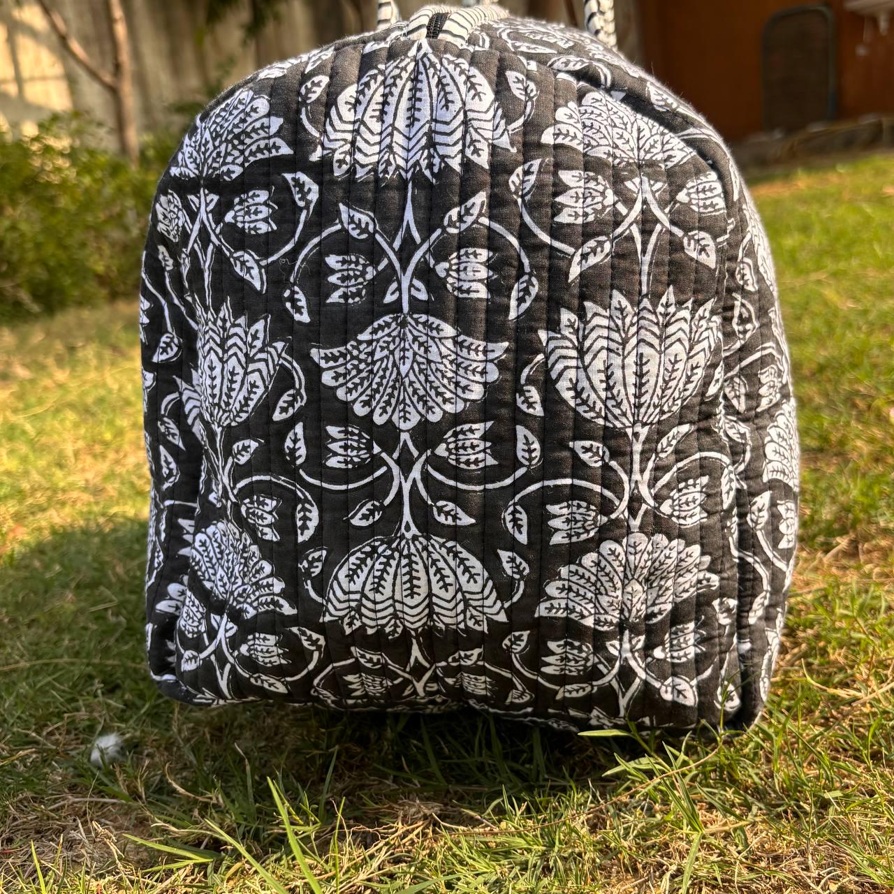 Large Black Cotton Quilted Duffle Bags Block print Gifts Handmade Colorful Travel night Travel Gym Yoga Luggage pocket 18x9x9 inches
