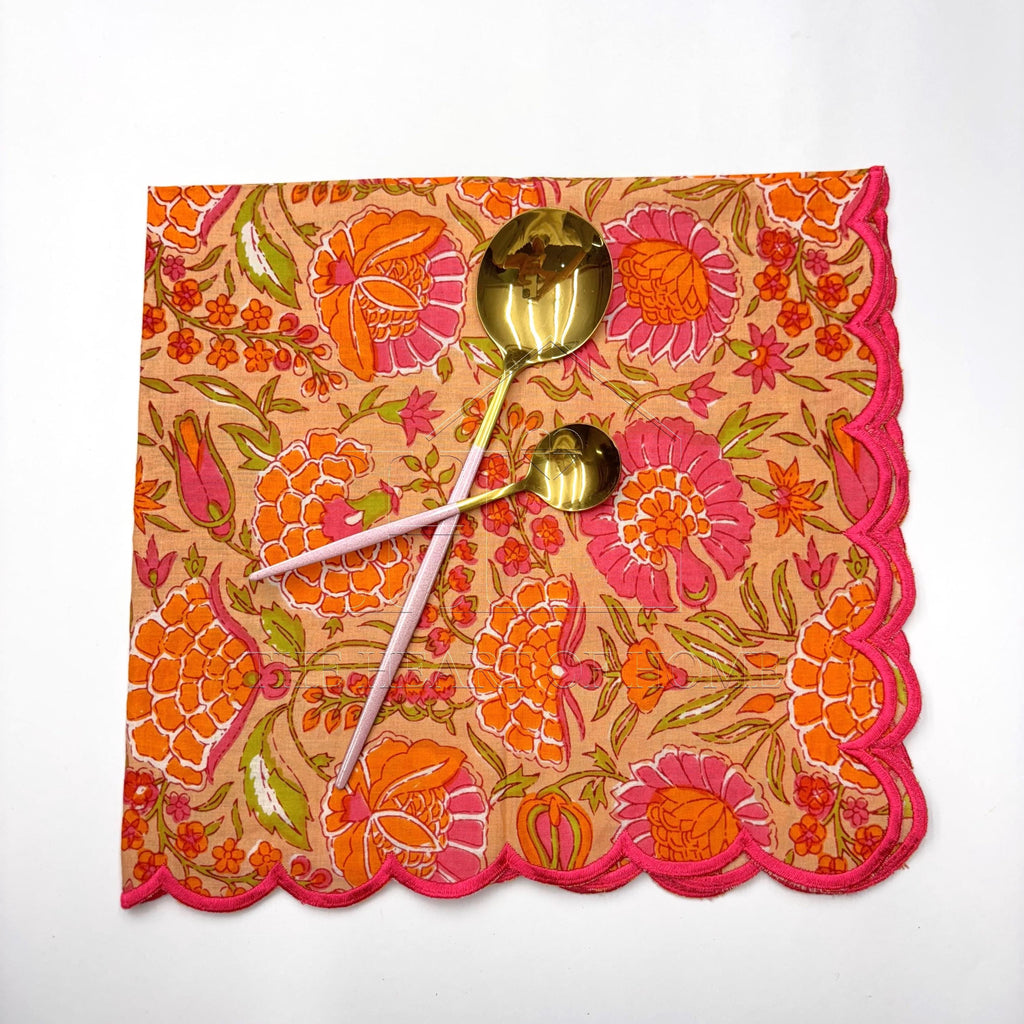 Orange Hand Block Printed Napkins: Embroidered Scallop Edge, Sustainable Cotton