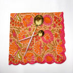 Orange Hand Block Printed Napkins: Embroidered Scallop Edge, Sustainable Cotton