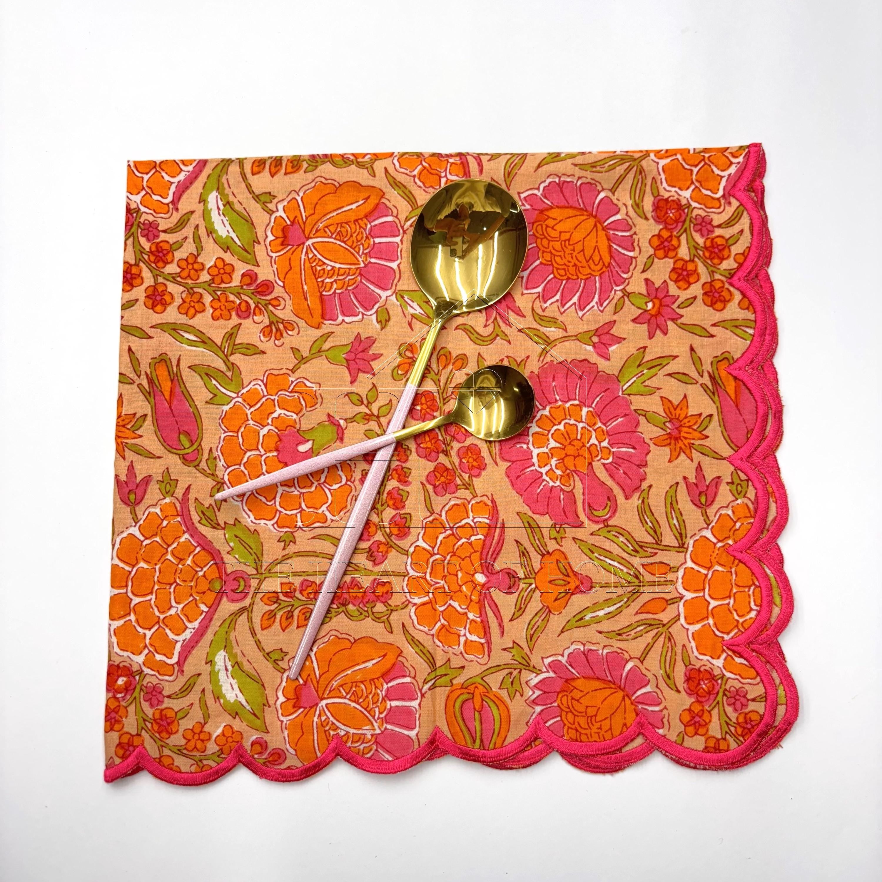Orange Hand Block Printed Napkins: Embroidered Scallop Edge, Sustainable Cotton