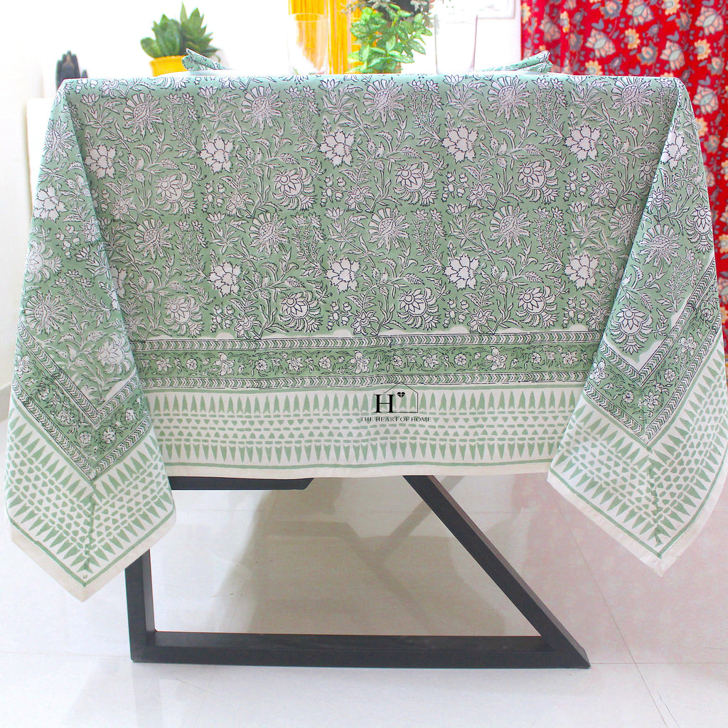 Hand Block Printed Olive Green Linen Tablecloth - Custom Sizes