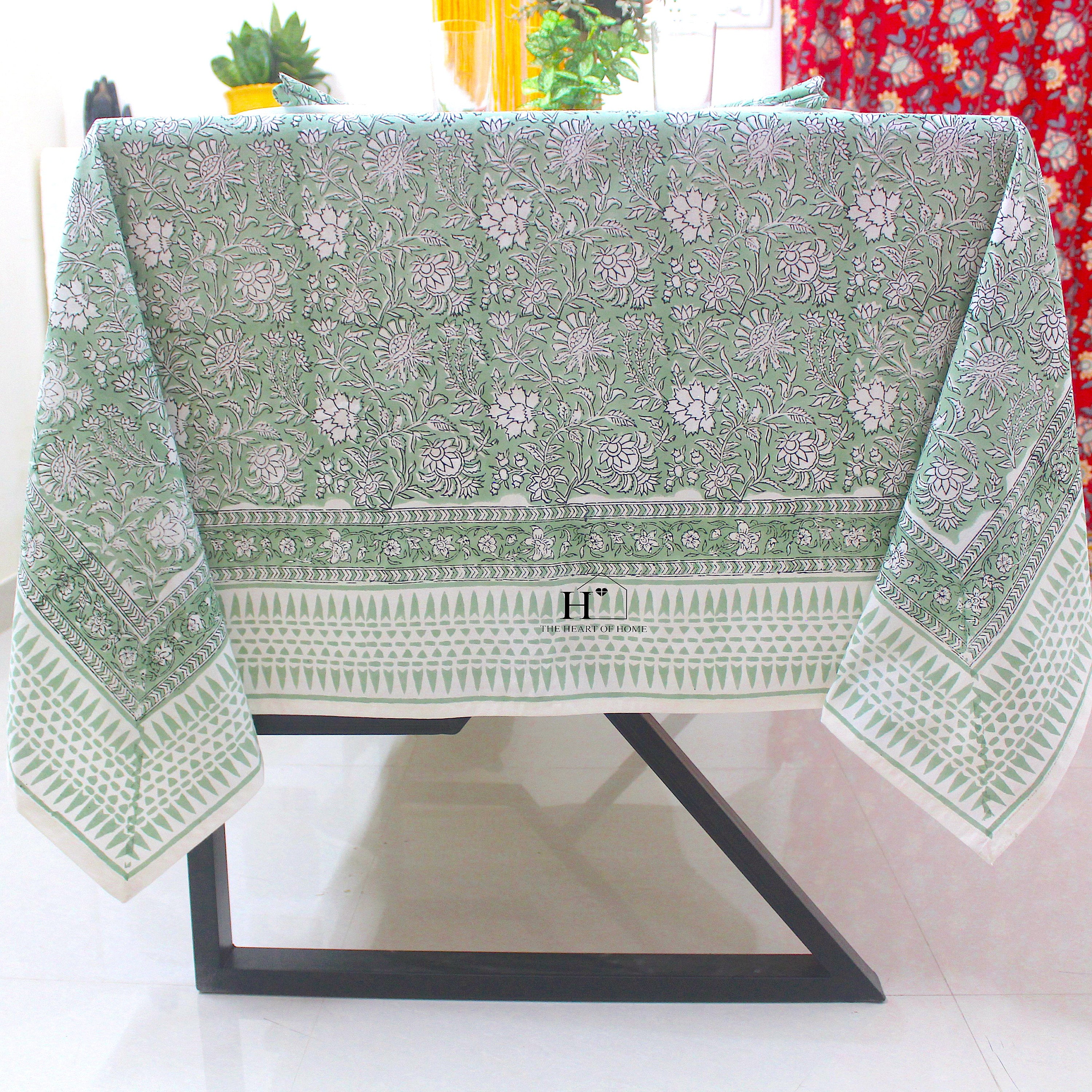 Hand Block Printed Olive Green Linen Tablecloth - Custom Sizes