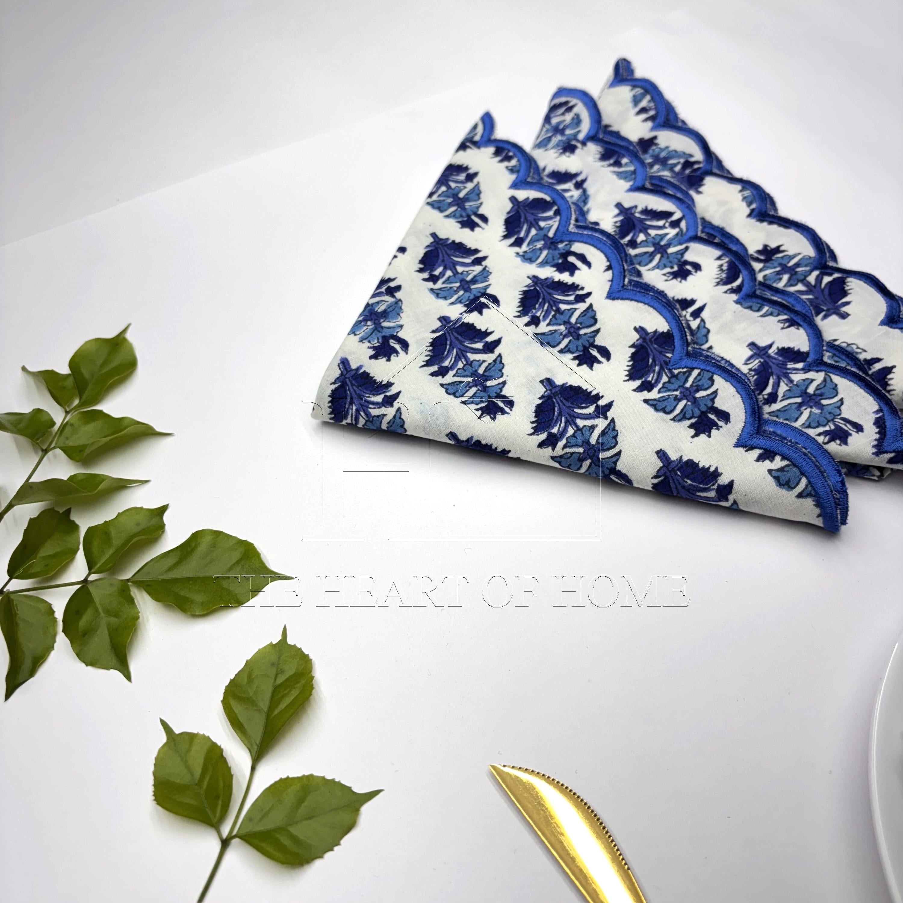 Hand Block Printed Cotton Napkins: Blue Scallop Edge, Sustainable Table Decor