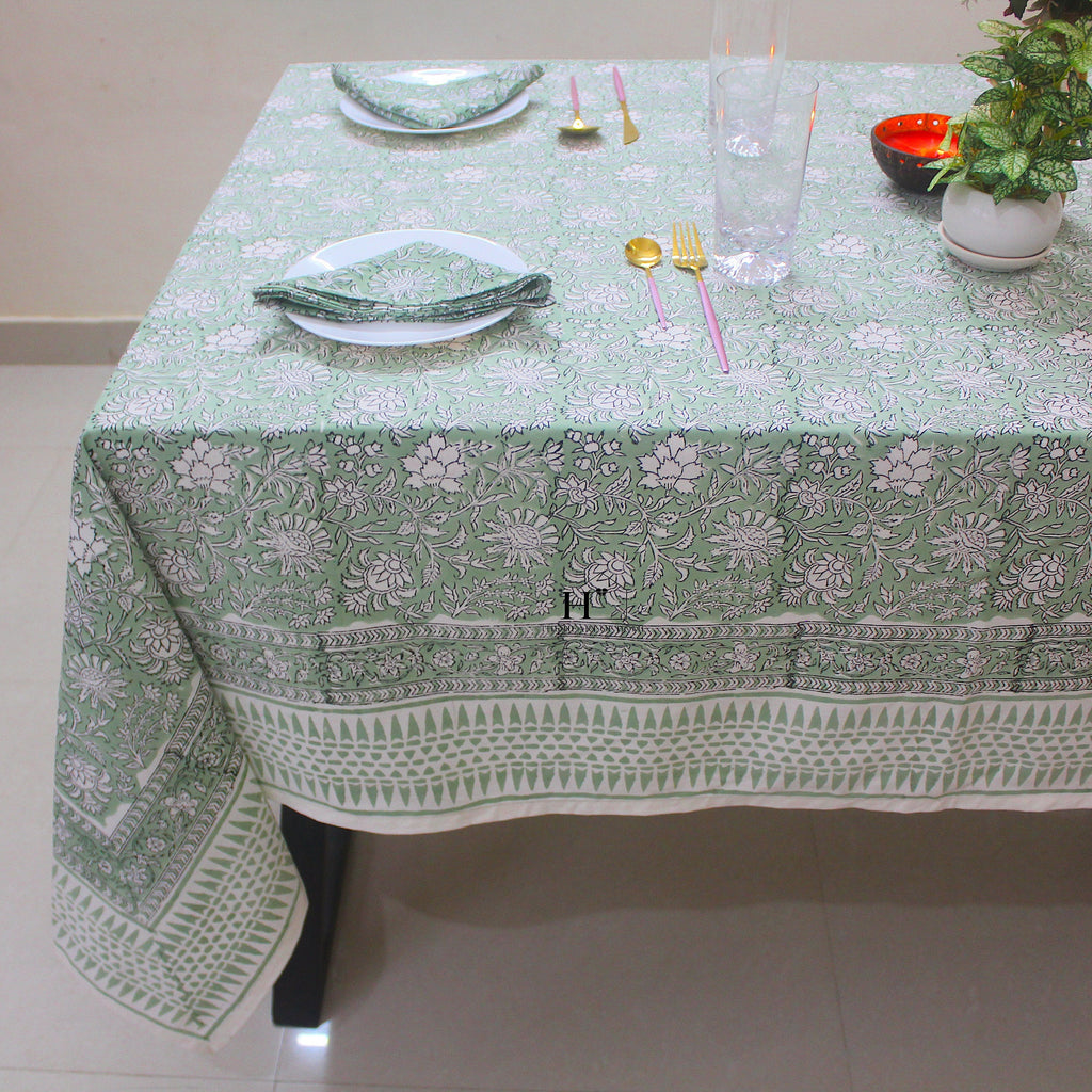 Hand Block Printed Olive Green Linen Tablecloth - Custom Sizes
