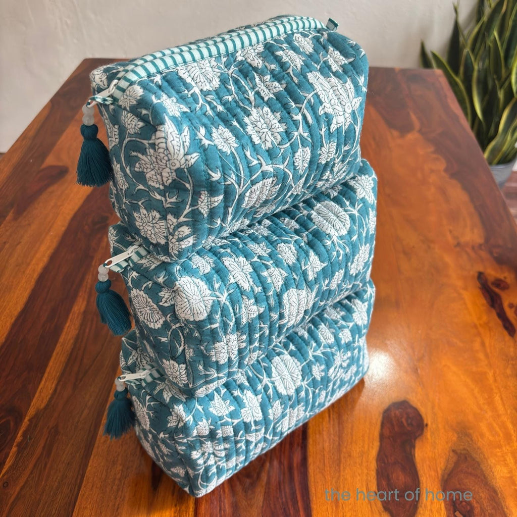 Handblock Printed Quilted Cosmetic Pouch Set: Sea Green Travel Bags