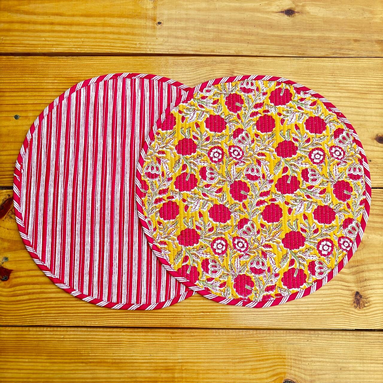 Floral Quilted Placemats & Napkins Set: Mustard Yellow Indian Craft (15x15 inches)