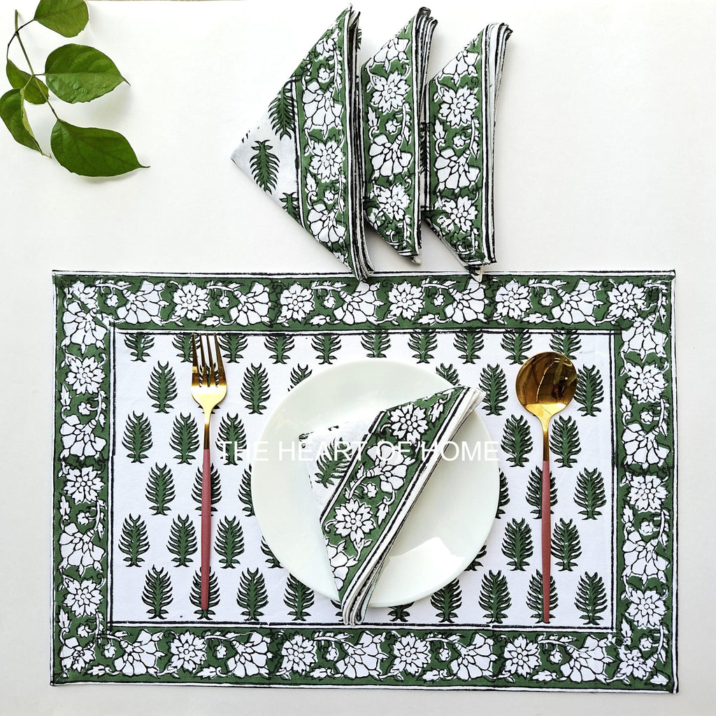 Hand Block Print Placemat & Napkin Set: Jaipur Cotton Table Decor