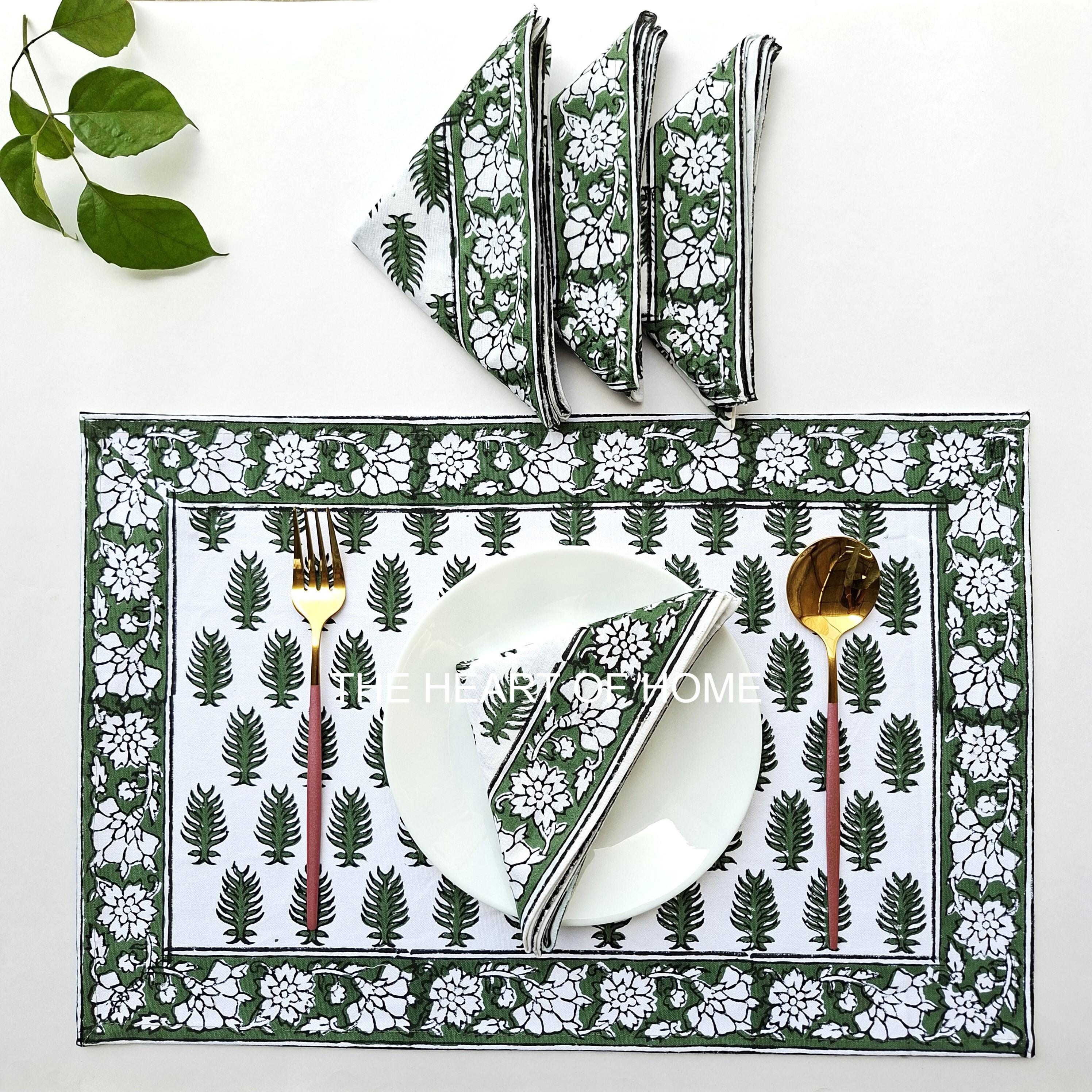 Hand Block Print Placemat & Napkin Set: Jaipur Cotton Table Decor