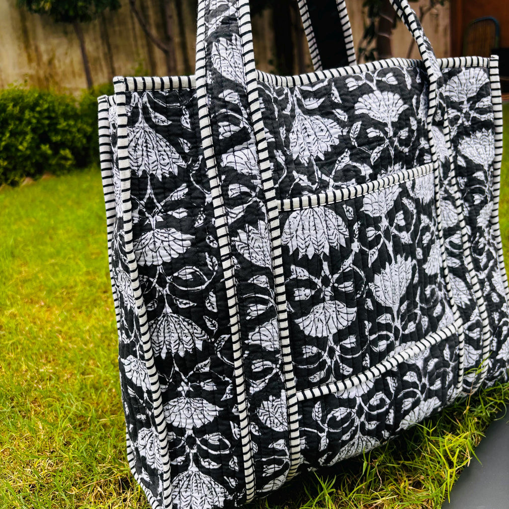 Black Floral Print Quilted Tote Bag: Reversible Waterproof Cotton Travel Bag
