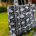 Black Floral Print Quilted Tote Bag: Reversible Waterproof Cotton Travel Bag