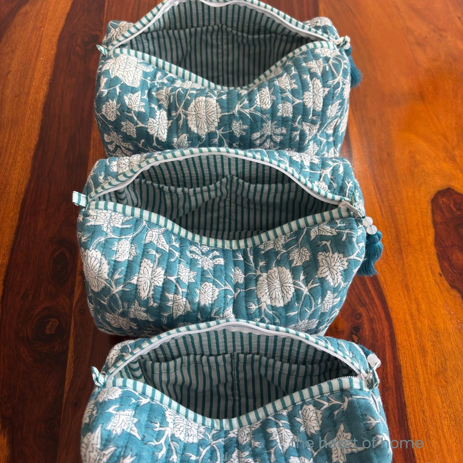 Handblock Printed Quilted Cosmetic Pouch Set: Sea Green Travel Bags