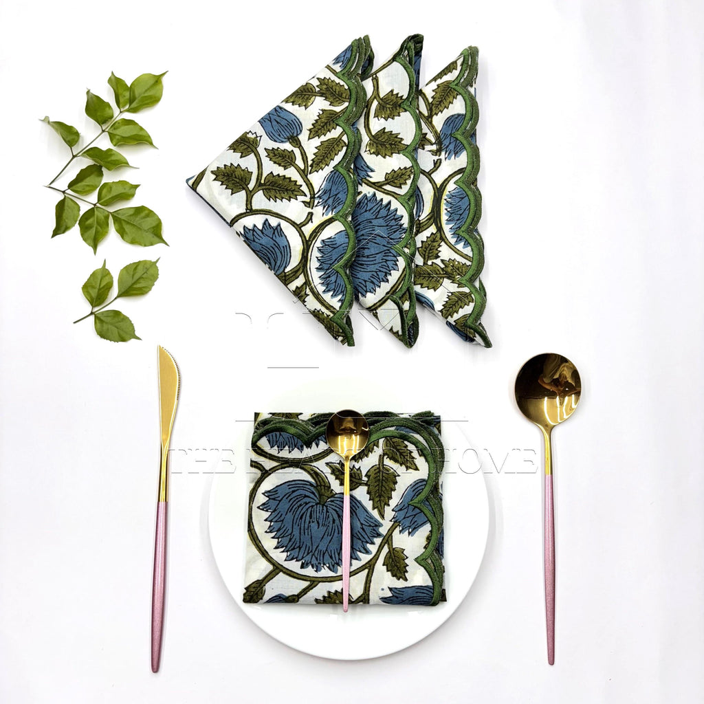 Floral Block Print Napkins: Embroidered Scallop Edge, Sustainable Cotton