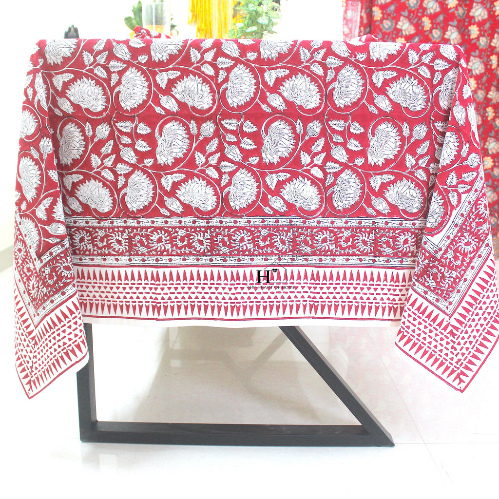 Red Floral Block Print Cotton Tablecloth - Farmhouse Kitchen Decor