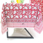 Red Floral Block Print Cotton Tablecloth - Farmhouse Kitchen Decor