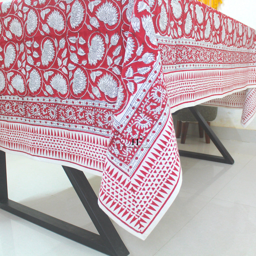 Red Floral Block Print Cotton Tablecloth - Farmhouse Kitchen Decor