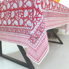 Red Floral Block Print Cotton Tablecloth - Farmhouse Kitchen Decor