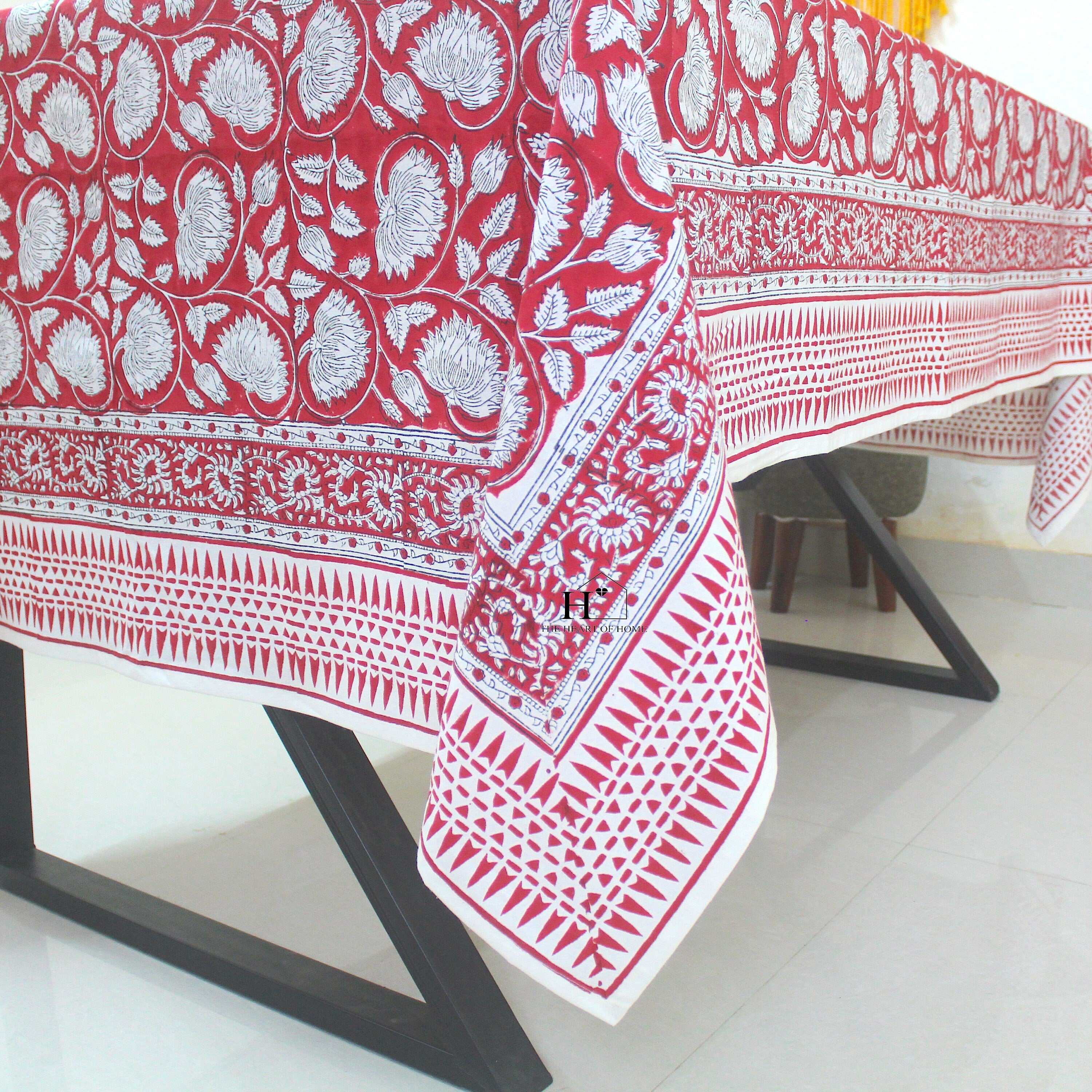 Red Floral Block Print Cotton Tablecloth - Farmhouse Kitchen Decor