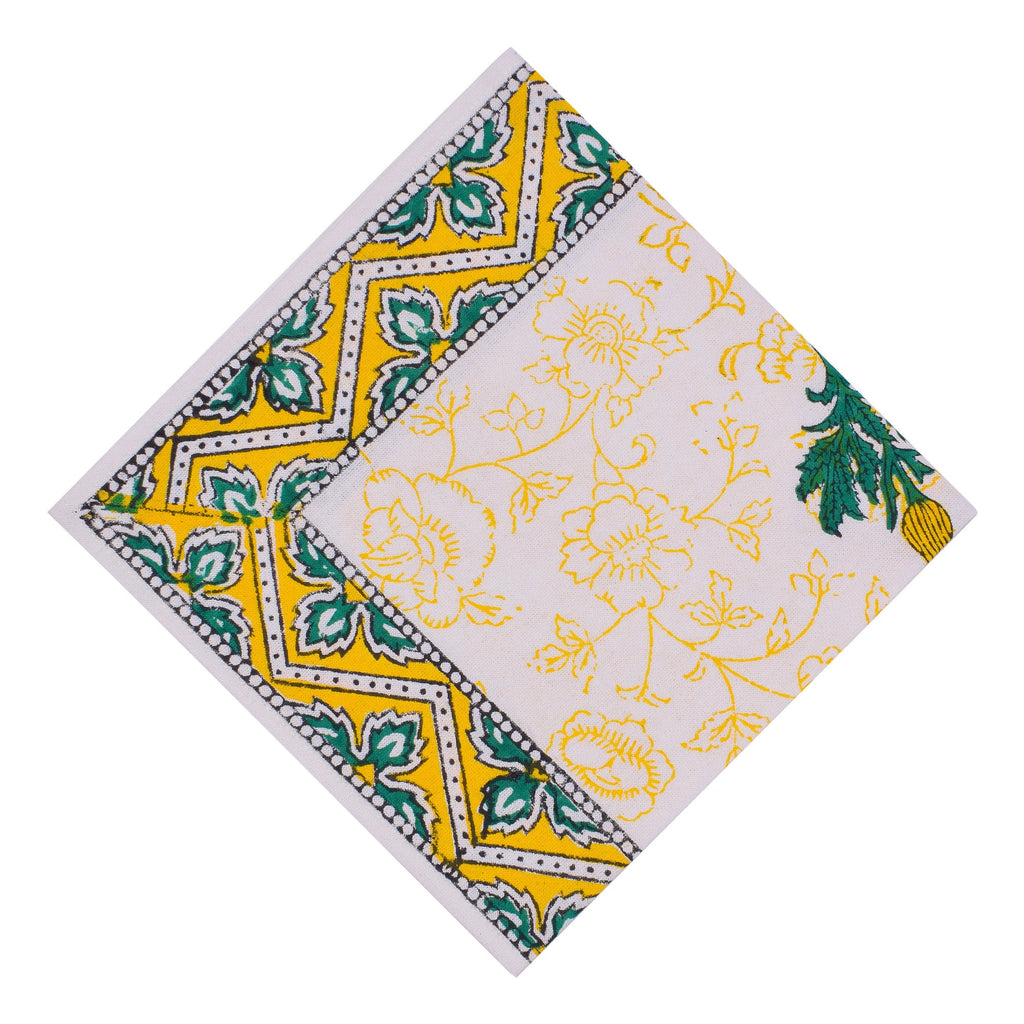 Hand Block Printed Placemats and Napkins: Yellow Green Floral Cotton Set