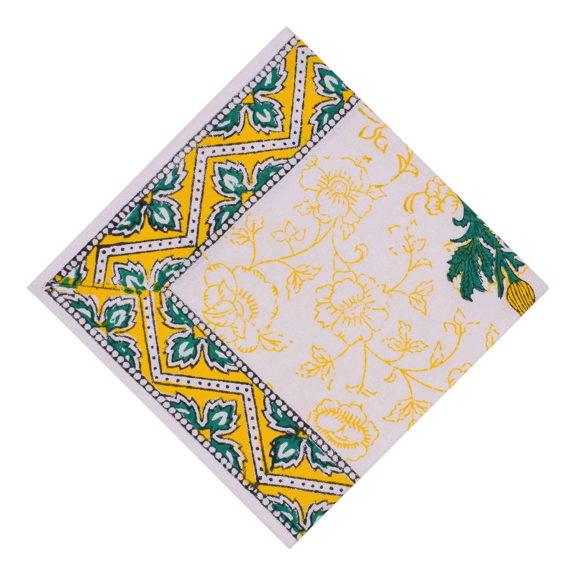 Hand Block Printed Placemats and Napkins: Yellow Green Floral Cotton Set