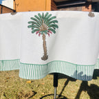 Hand Block Print Tablecloth: Tropical Palm Tree, 72 inch Round Cotton