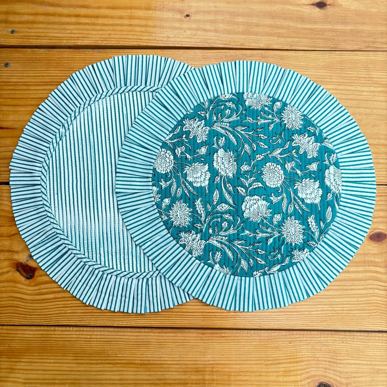 Teal Blue Floral Quilted Placemat & Napkin Set: Indian Artisan Craft