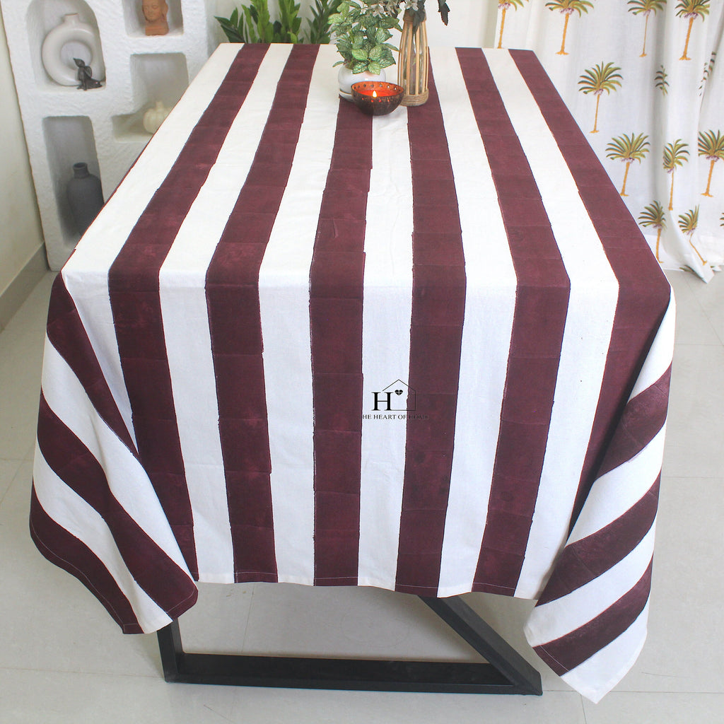 Hand-Block Congo Brown Striped Cotton Tablecloth - Waterproof Rustic Dining