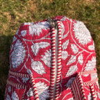 Large Bright Red Cotton Quilted Duffle Bags Block print Gifts Handmade Colorful Travel night Travel Gym Yoga Luggage pocket 18x9x9 inches