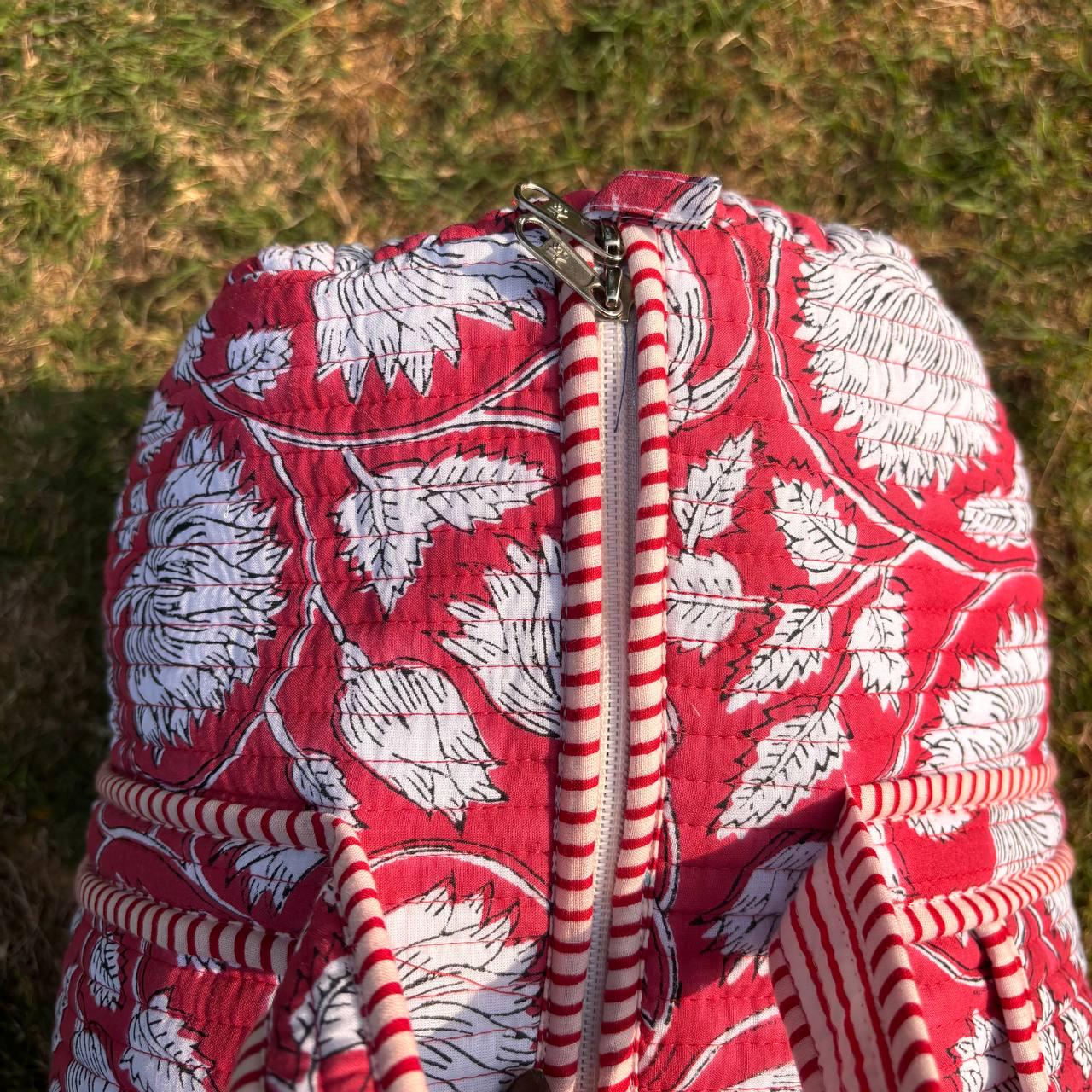 Large Bright Red Cotton Quilted Duffle Bags Block print Gifts Handmade Colorful Travel night Travel Gym Yoga Luggage pocket 18x9x9 inches