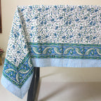 Blue Floral Block Print Tablecloth: Waterproof Cotton Dining Table Cover