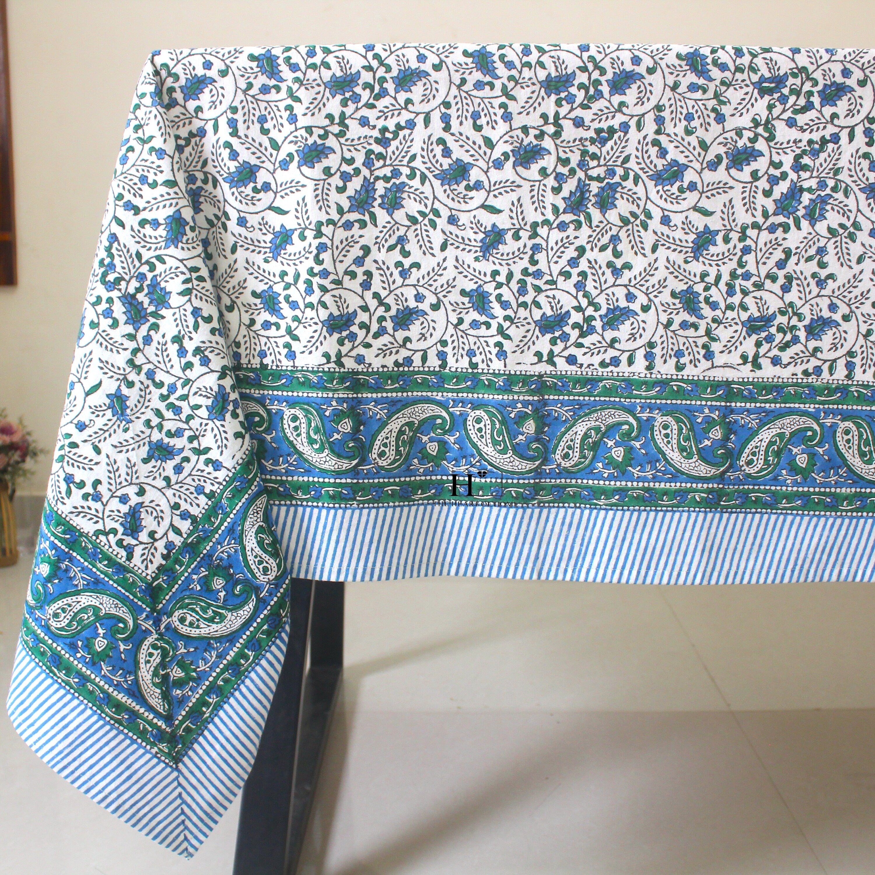 Blue Floral Block Print Tablecloth: Waterproof Cotton Dining Table Cover
