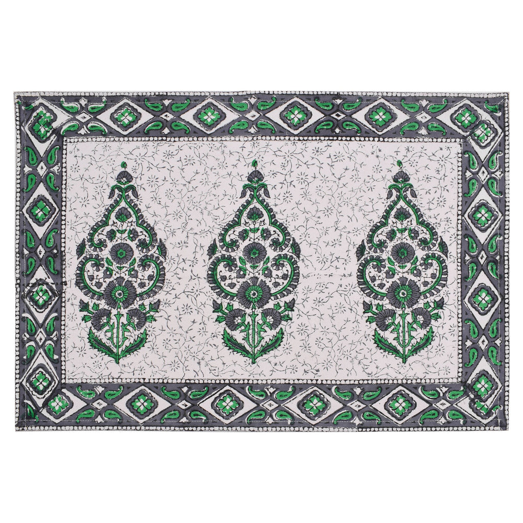 Hand Block Printed Cotton Placemats and Napkins: Gray & Green Floral