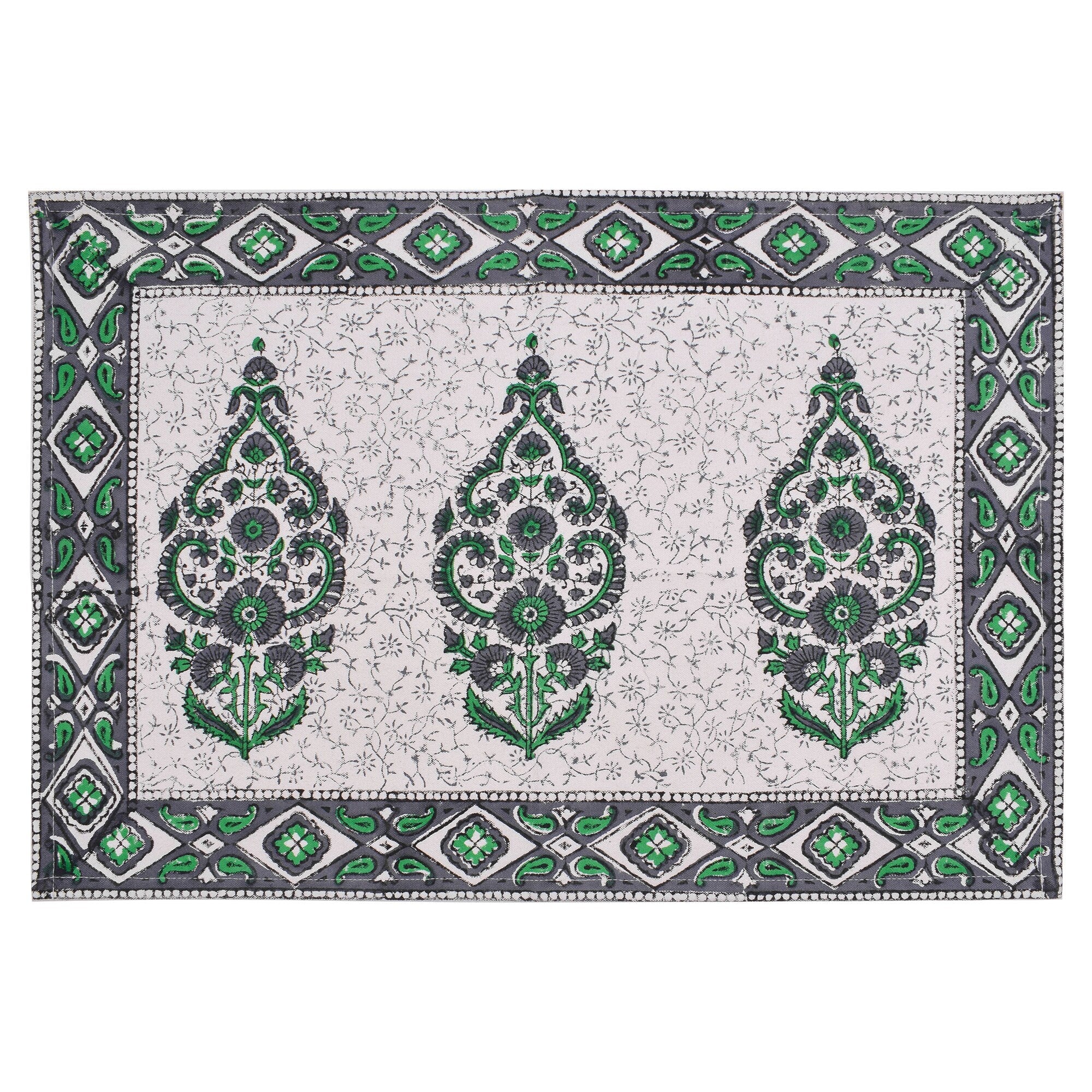 Hand Block Printed Cotton Placemats and Napkins: Gray & Green Floral