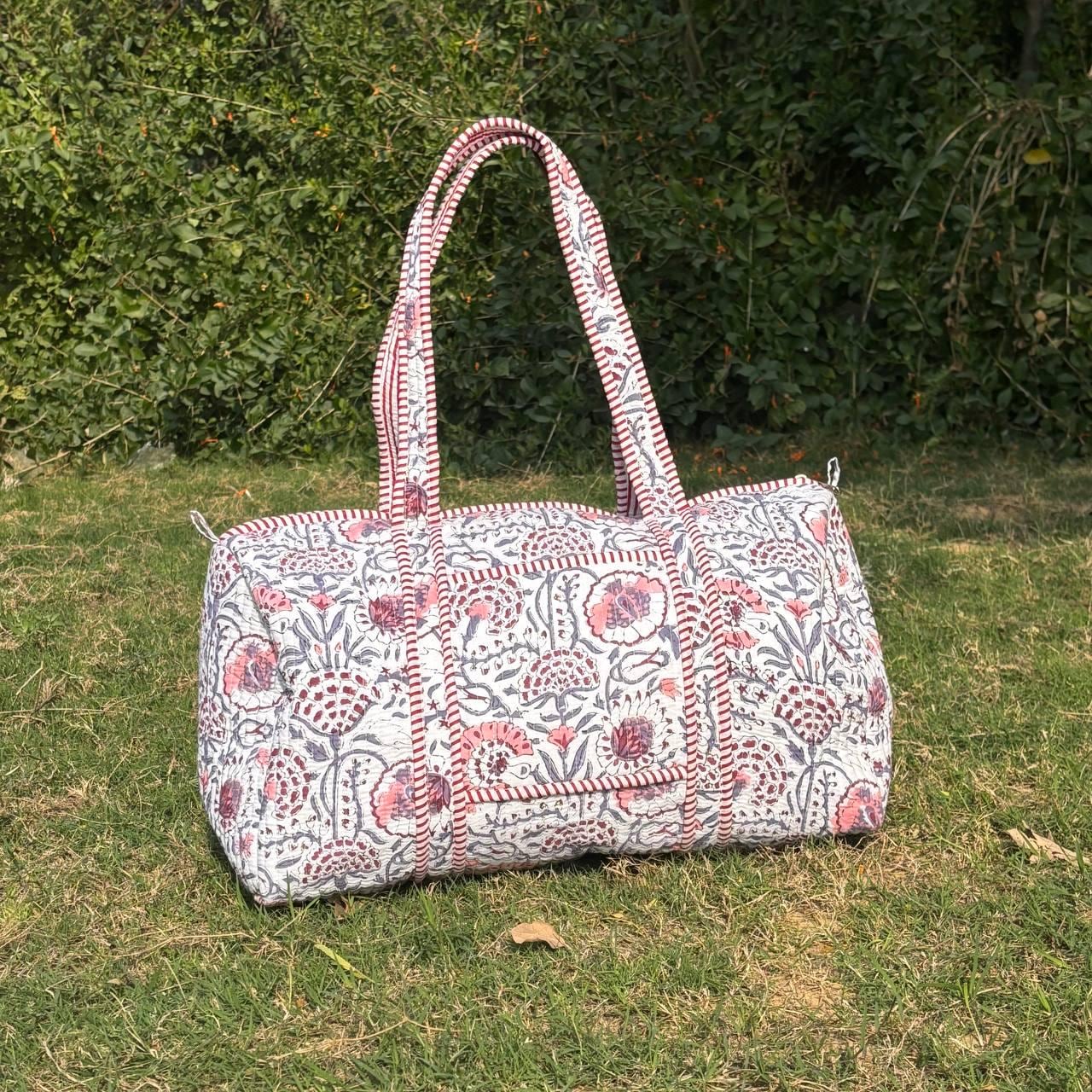 Large white Cotton Quilted Duffle Bags Block print Gifts Handmade Colorful Travel night Travel Gym Yoga Luggage pocket 18x9x9 inches